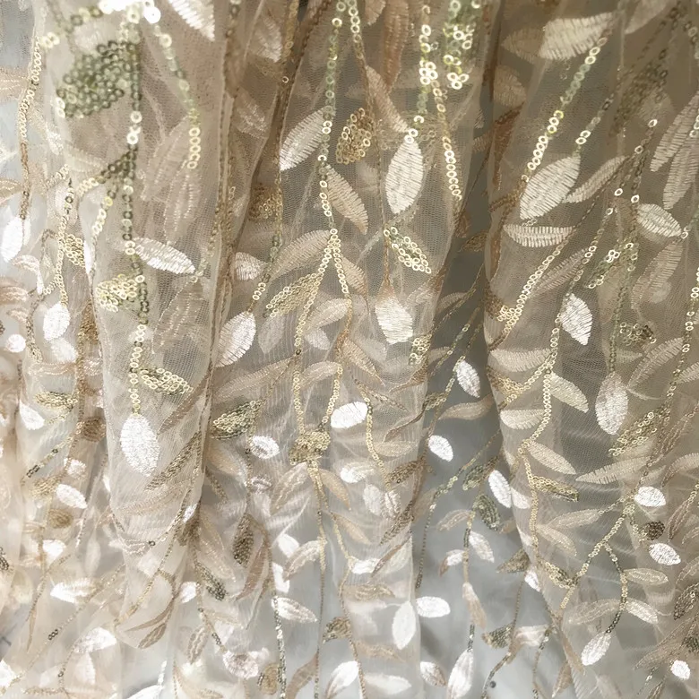gold Navy Black Red Gold Leaves Sequins Embroidered Lace Fabric Wedding Dress DIY Accessories RS2364 - Цвет: gold