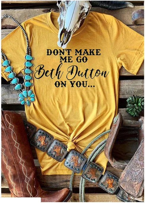 

UK Summer Women's Casual "Beth Dutton Round" Letter Print Round Neck Short Sleeve Loose T-shirt Top