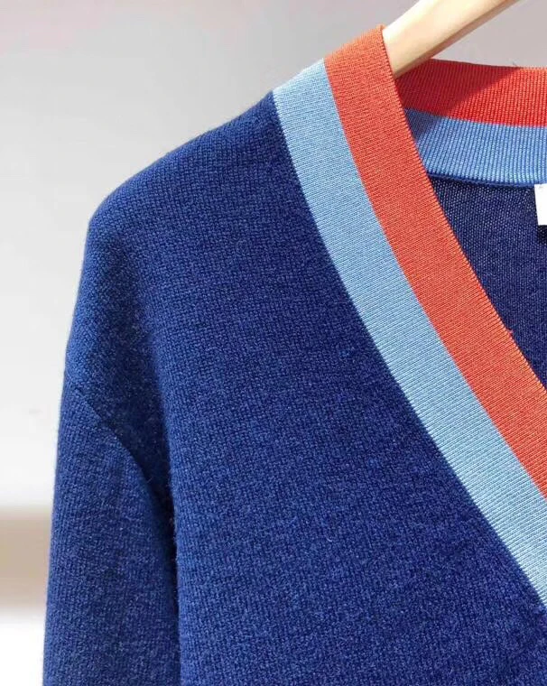 Зимний темперамент элегантный сшивание с длинными рукавами v-образным вырезом полосатый свитер