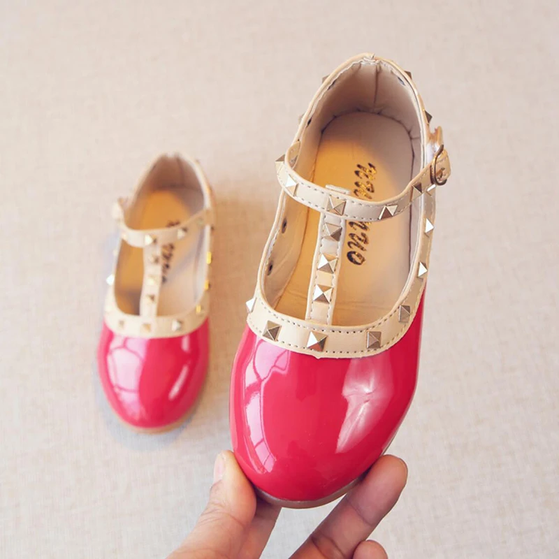 

Pink White Black Kids Toddler Baby Rivet Leather Shoes For Childrens Girls Wedding Party Princess Strap Dance Dress Shoes New