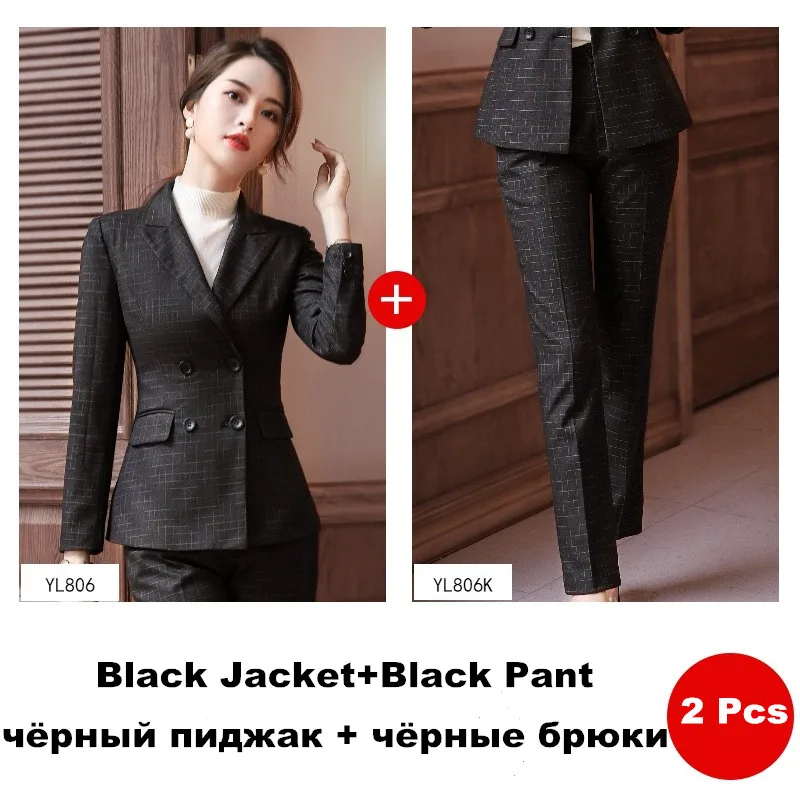 black pant suit Женский брючный костюм, клетчатый Блейзер, набор, осень, высококлассный темпераментный костюм, Femme Manager, рабочая одежда, брючный костюм, 80806 - Цвет: black pant suit