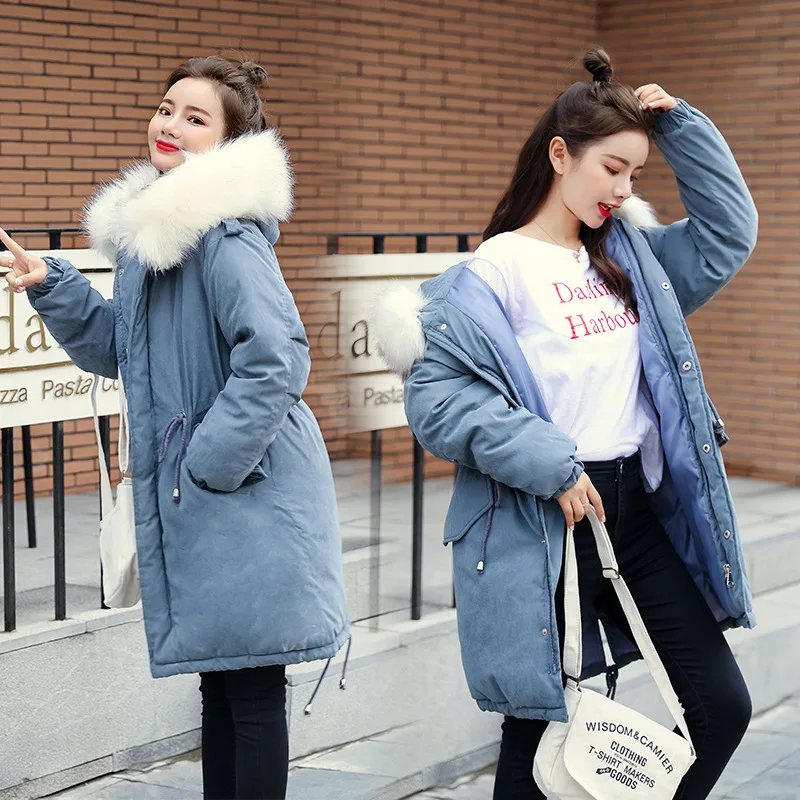 

Winter 2019 New Style Women's Mid-length Slim Fit Cotton-padded Jacket Large Fur Collar down Jacket Cotton-padded Clothes Coat W