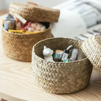 

Seaweed Snack Storage Box Handmade Finishing Box With Lid - Woven Storage Basket Round Gift Box Wardrobe Desktop Storage Basket