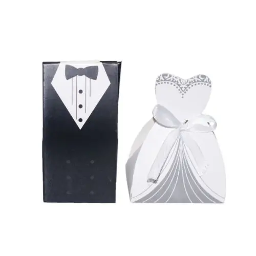 100pcs Wedding Favor Candy Box Bride& Groom Dress Tuxedo Party w/ Ribbon Free shipping
