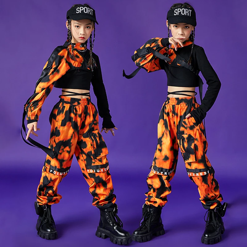 Kids Jazz Hip-Hop Dance Performance Costume Camouflage Sleeves Pants Girls Stage Outfit Rave Modern Street Dance Costume BL7440