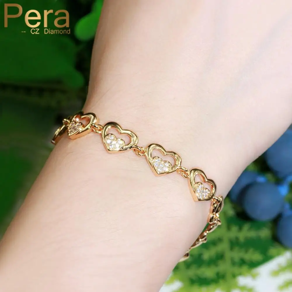 Pera Romantic Shiny CZ Crystal 585 Gold Color Double Love Heart