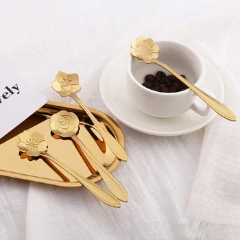 

8 Pcs Tea Coffee Mixing Spoon Gold Spoon Long Handle Dessert Stainless Steel Vintage Teaspoons Drink Tableware Flowers Design