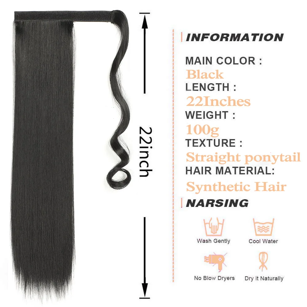 Fake hair extensions Straight ponytail 22 Inch long wrap around clip in ponytail hair extensions Yaki synthetic hairpiece fake hair Alororo