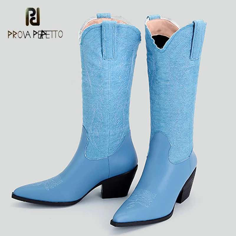 

Retro Pointed Thick Heel Fashion Embroidered Knight Boots Autumn and Winter New Beauty Stitching Denim Sleeve Mid-tube Boots