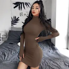  Sexy Bodycon Mini Party Dress Women Solid Color Base Dress Elegant Temperament Long Sleeve High Neck Women Dress 