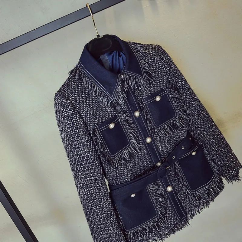 

Fashion Qualities Lapel Slim Fit Womens Pockets Tassel Jackets Long Sleeve Single Breasted Denim Patchwork Tweed Short Coats