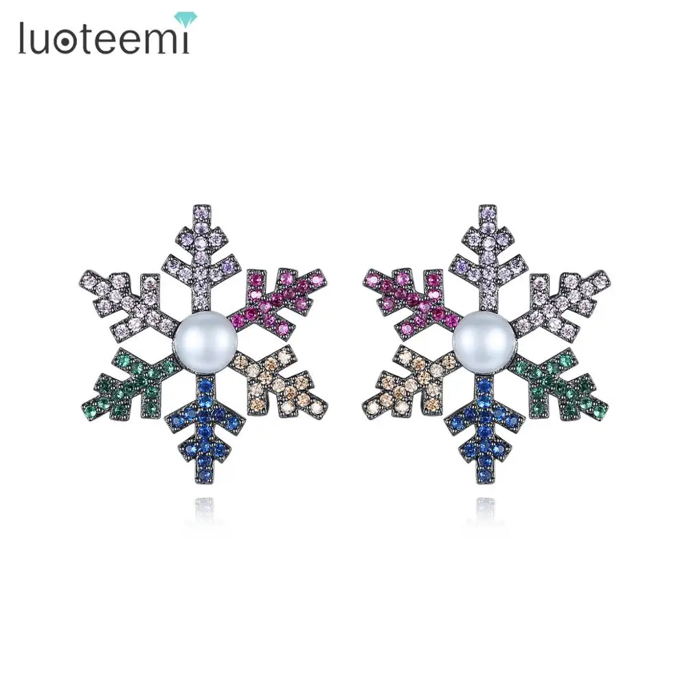 

LUOTEEMI New Luxury Colorful CZ Snowflake Stud Earrings for Women Party Fashion Jewelry Pearl Splinter Pendientes Christmas Gift