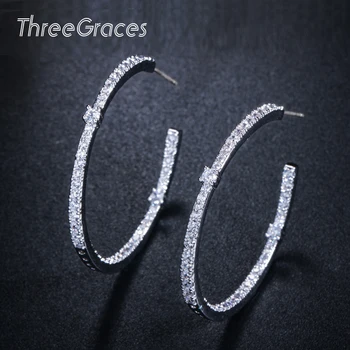 

Threegraces Elegant Dancing Party Silver Color Jewelry Micro Inlay Cubic Zirconia Big Round Circle Hoop Earring for Women E0036