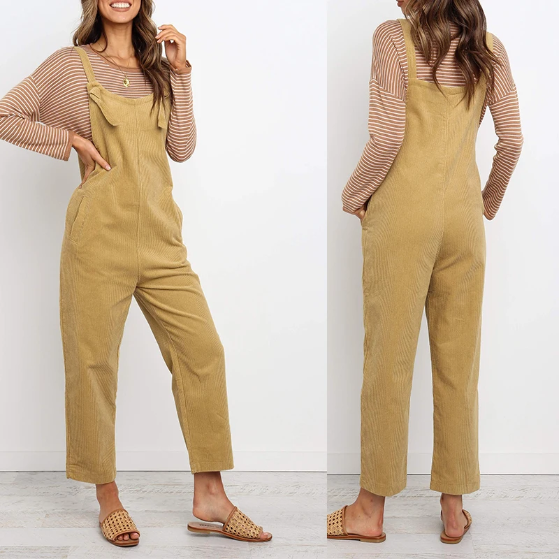 Womens Sleeveless Jumpsuit  Ladies Slim Fit Playsuit Trousers Overalls Women Spaghetti Strap Playsuit Corduroy Solid Dungarees