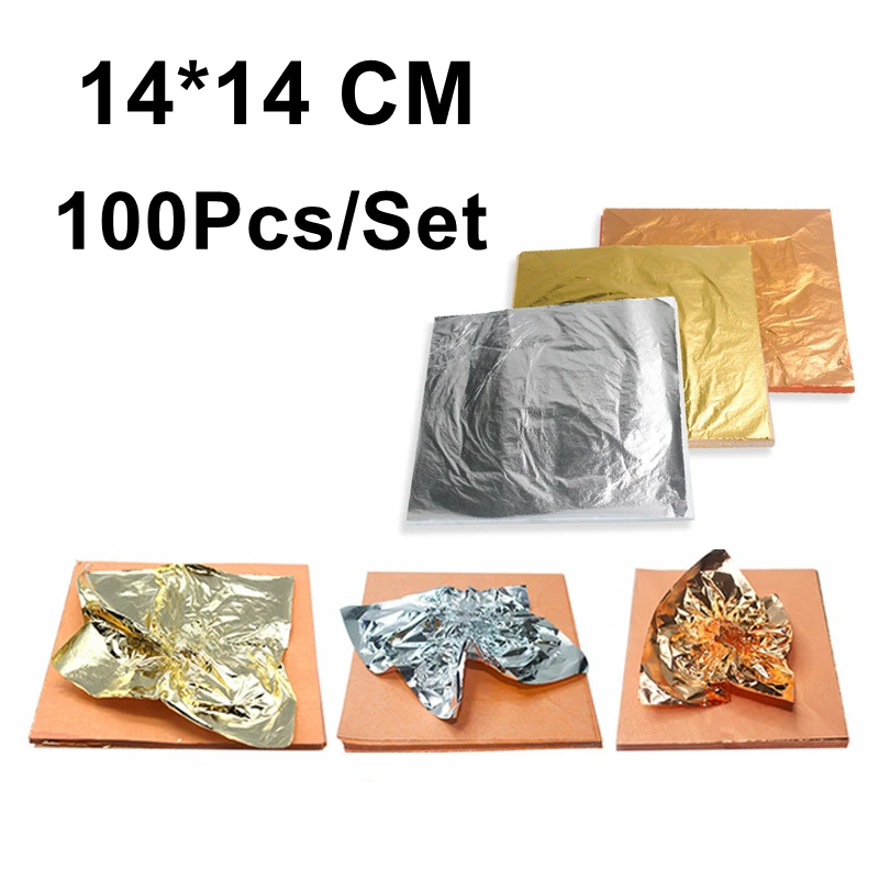 14x14cm 100pcs Shiny Gold Silver Copper Leaf for Nail Painting Gilding Funiture Lines Wall Crafts Handicrafts Decoration | Дом и сад