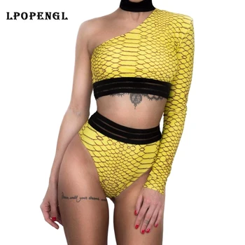 

Sexy Swimwear Women Bikini Set One Shoulder Push-up Bandage set Chocker Long Sleeve Beachwear Swimwears Bathing Suit