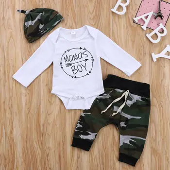 

CANIS Mama's Boy Toddler Infant Baby Long Sleeve Letter Printed Romper Top Pants Hat 3Pcs Outfit Set Clothes 2019 Autumn