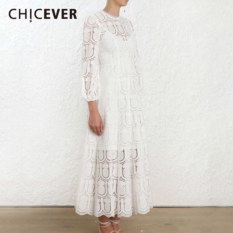 

CHICEVER Embroidery Hollow Out Dress For Female O Neck Long Sleeves Loose Casual Dresses Women 2019 Autumn Fashion New Clothes
