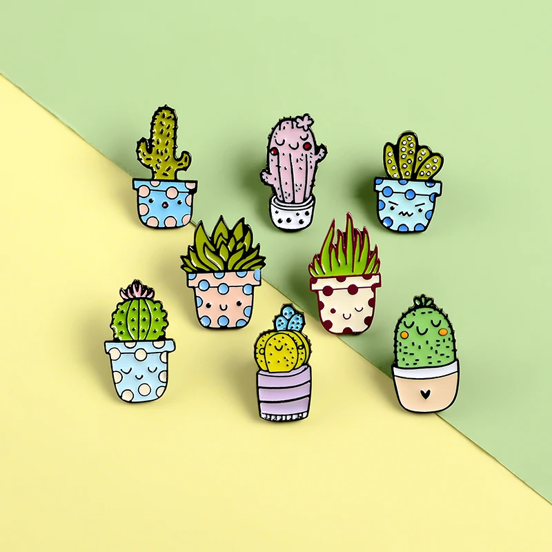 Cute Plant Pins Cactus Potted Enamel Smiley Pots Brooches Badges Clothes Lapel Jewelry Gifts For Kids Friends | Украшения и