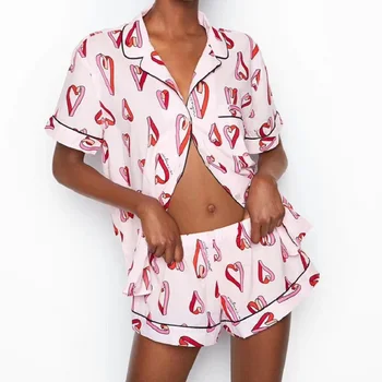 

New ladies summer short-sleeved shorts silk pajamas suit Soft and comfortable,silky cool,stylish sexy printed home service suit