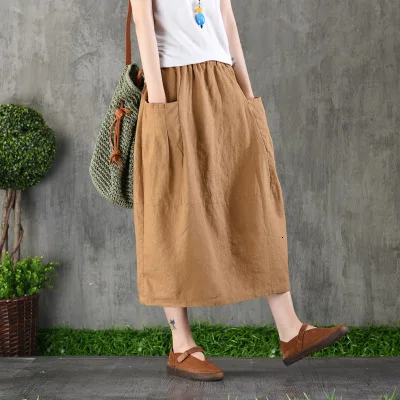 yellow NINI WONDERLAND Spring Solid Cotton Linen Skirt Women Patchwork Loose A-line Skirt Female Mori Girl Style Skirt With Pocket - Цвет: yellow