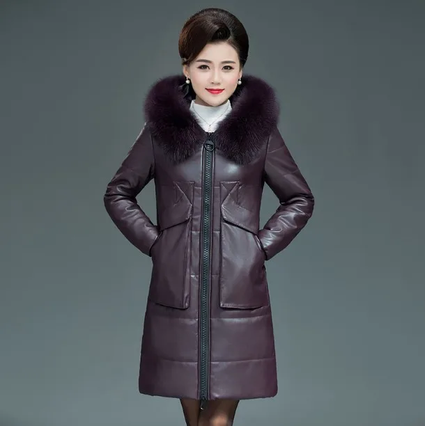 Женская кожаная куртка с меховым воротником с капюшоном элегантное пальто из искусственной кожи пуховое хлопковое Стеганое теплое пальто больших размеров DS50966