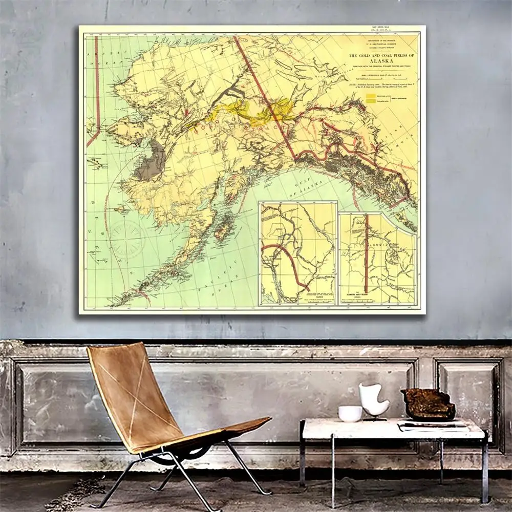 

60x60cm The Gold And Coal Fields of ALASKA in 1898 Edition Fine Canvas Spray Painting Wall Map For Livinig Room Wall Decor