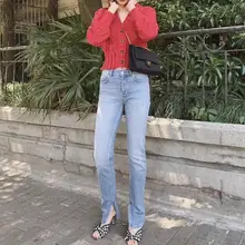 Женские джинсы с высокой талией, прямые брюки, одноцветные синие брюки с карманами