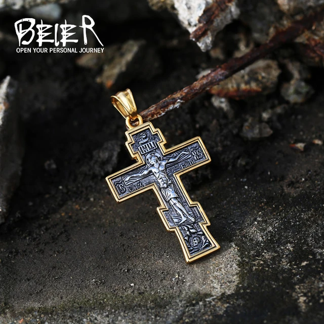 BeierJesus Kreuz männer Edelstahl Teil Gold Farbe Kruzifix Östlichen  Orthodoxen Anhänger Kette Halskette Schmuck BP8-621