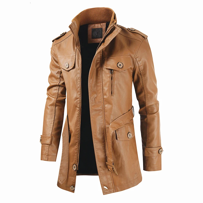 Oumor Men Winter Casual Long Warm Fleece PU Leather Jacket Coat Men Outwear Brand Thick Punk Motor Vintage Leather Jackets Men