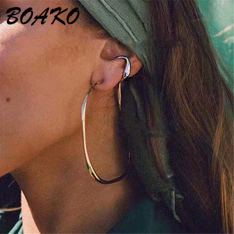 BOAKO Trendy Solid Gold Cartilage Earrings without Piercing Round Ear Cuff Minimalist Clip on Earrings for Women Korean Jewelry