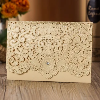 

Crystal Flower Embossed Wedding Cards with Printable Up-down Fold Insert And Envelope Gold Red Bridal Shower Invitations