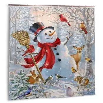 

Winter Cardinals Snowman Shower Curtain Polyester Waterproof 12 Hooks Fabric Modern Bathroom Home Decor Set 72x72 Inch