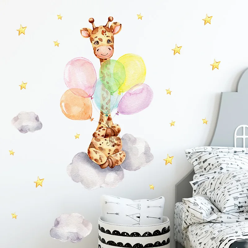 Cartoon Balloon Giraffe Wall Stickers for Kids room Children Bedroom Wall Decor Animals PVC Wall Decals for Home Decoration DIY