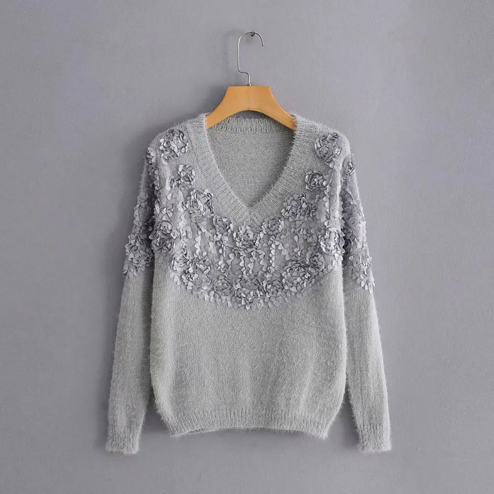 

Women Clothes 2019 Autumn and Winter Clothes Women V-neck Three-dimensional Flower Pull Femme Pullover Women Sweater Women