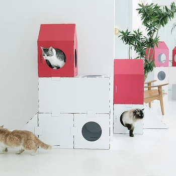 オンライン 小さなレッドハウス猫クライミングラック猫トンネルdiy段ボール巣ルームカートンパラダイス猫城猫プラットフォーム列ラック