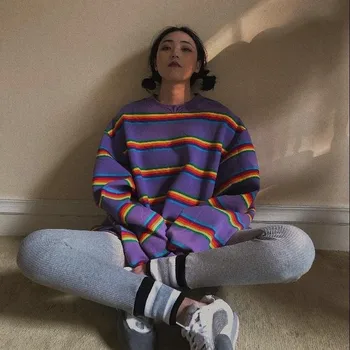 

NiceMix Women Rainbow Striped Pullover Sweatshirt Fleece Thickening Autumn Winter Loose Jumpers 2020 New Oversized Hoodies 56532