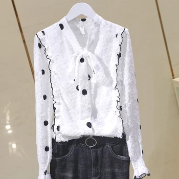 

Bow Neck Chiffon Women Shirts Lace Polka Dot Long-Sleeved Elegant Office Lady Outwear Tops