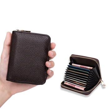 

MABULA Multi Pocket Cow Leather Business Card Holder Classical Designer Lychee Pattern Certificate ID Card Holder Wallet