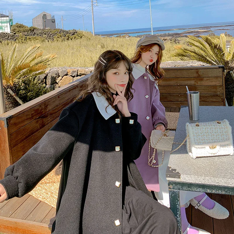

Photo Shoot Black And White with Pattern Woolen Overcoat 2019 Winter New Style Korean-style Loose-Fit Mid-length Casual Versatil