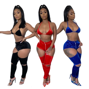 

Tracksuit Red Velvet Party Sexy Women Sets Halter Sleeveless Backless Bikini Tops + Pants 2 Piece Matching Outfits Fitness Suits