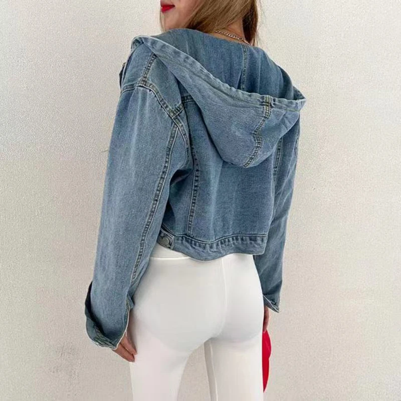 Stylish Blue Hooded Jeans Jacket Women Single-Breasted Short Jeans Coat High Street Harajuku Denim Coat Blue Tops