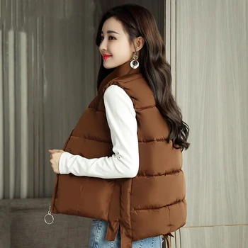 

New Autumn Winter Women Short Cotton Vest Female Solid Sleeveless Coats Female Zipper Stand Collar Waistcoat Casual Lady M-3XL