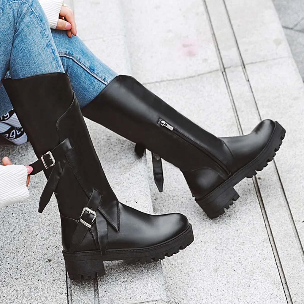 

2019 Winter Boots Women Sexy Knee-High Boots Woman Round Toe Square Med Heel Shoes Female Lady Black Zipper Shoes Riding Booties
