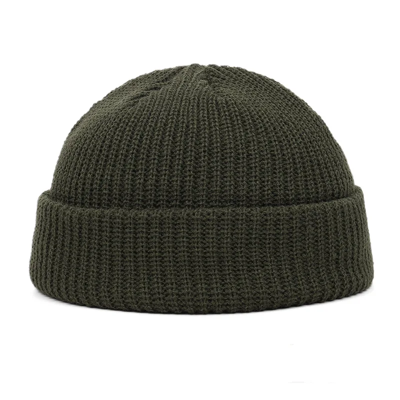 Вязаные шапки для женщин, Кепка с черепом, мужская вязаная шапка, зимняя, Ретро стиль, без полей, мешковатая Кепка с манжетами, рыбацкие шапочки, шапки для мужчин - Цвет: Зеленый