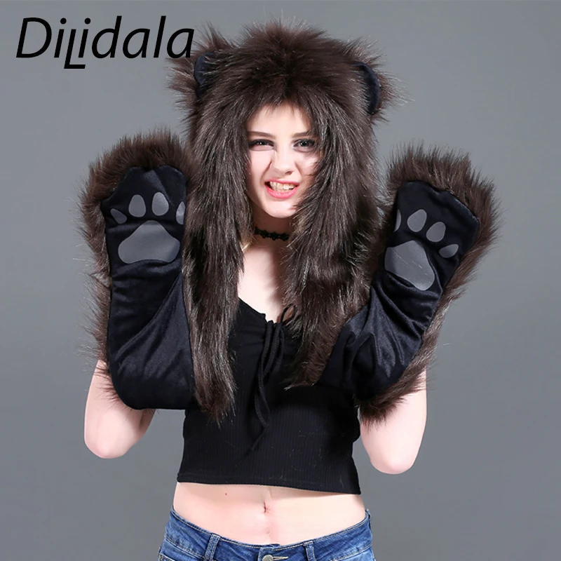 Dilidala горячая распродажа полный мех животных зимняя теплая хеджирующая шапка женские худи перчатки карман длинная шапка шаль шарф Обертывания для женщин