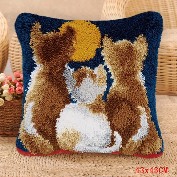 Three Cats Latch Hook Pillow Smyrna For Flowers Carpet Embroidery Cushion Button Package Latch Hook Kits Do-It-Yourself Carpets