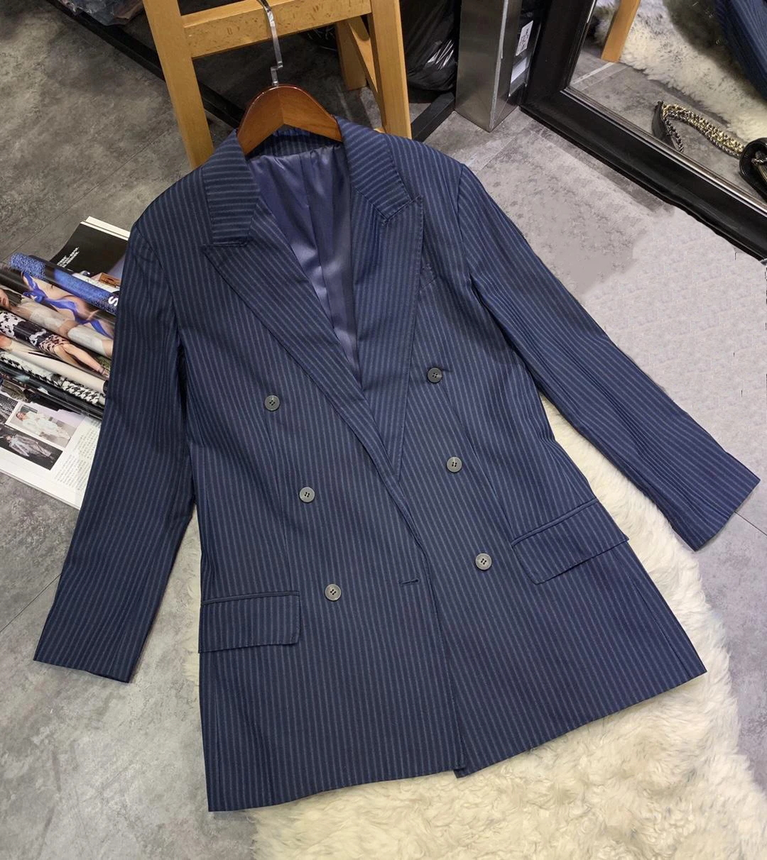 

2019 new ladies high quality fashion long sleeve lapel striped wool suit 0820