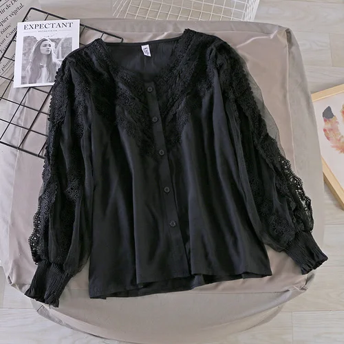 Новая Осенняя Женская модная кружевная вышитая вязанная крючком блузка Рубашки с v-образным вырезом женские открытые милые рубашки топы - Цвет: black