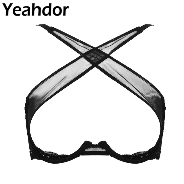 YEAHDOR Womens Shiny Patent Leather Cupless Lingerie Bralette